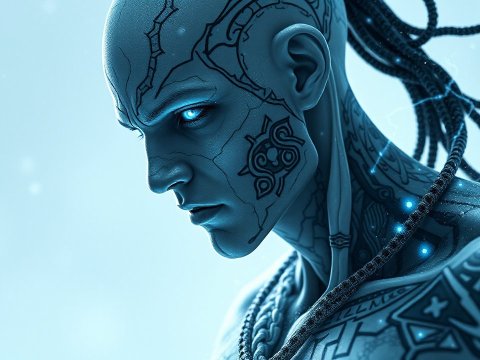 Futuristic Cybernetic Warrior with Glowing Blue Eyes