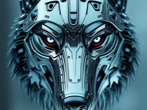 Futuristic Cybernetic Wolf Head with Glowing Eyes