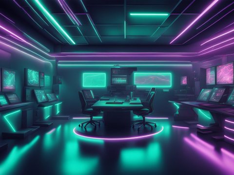 Futuristic Cyberpunk Control Room with Neon Lighting