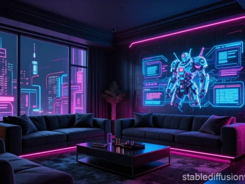 Futuristic Cyberpunk Living Room with Neon Robot Display