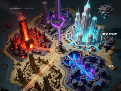 Futuristic Cyberpunk Megacity Map with Distinct Districts