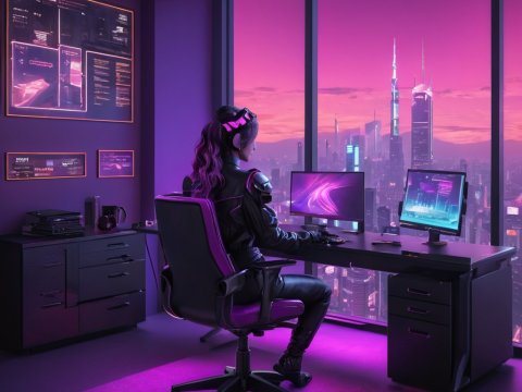 Futuristic Cyberpunk Office with Neon Cityscape View