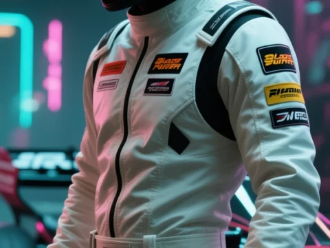 Futuristic Cyberpunk Racer in Neon-Lit Garage