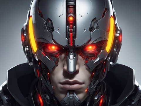 Futuristic Cyborg Character with Glowing Red Eyes