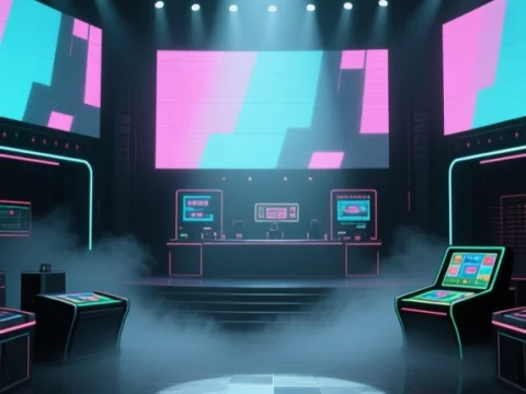 Futuristic Dark Arena with Neon Screens and Fog