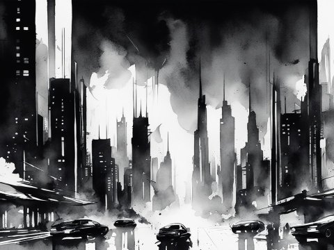 Futuristic Dark Cityscape at Night in Monochrome