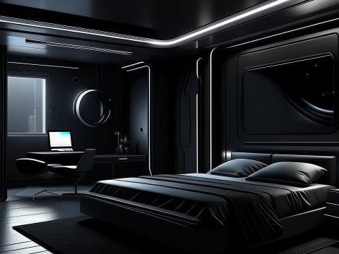 Futuristic Dark-Themed Bedroom with Sleek Modern Design