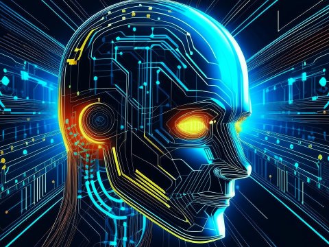 Futuristic Digital AI Head with Circuitry Glow