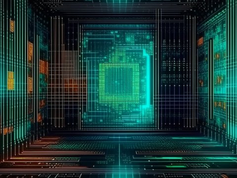 Futuristic Digital Circuit Room with Neon Grid