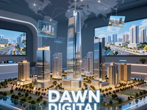 Futuristic Digital City Model with Interactive Data Displays