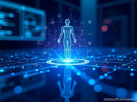 Futuristic Digital Human Interface in Blue Holographic Display