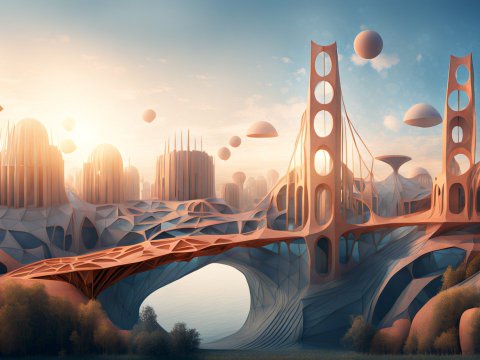 Futuristic Dome City with Voronoi Bridge at Sunset
