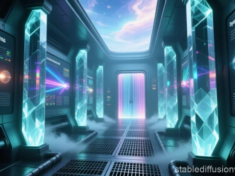 Futuristic Dysprosium Laser Corridor with Glowing Crystals