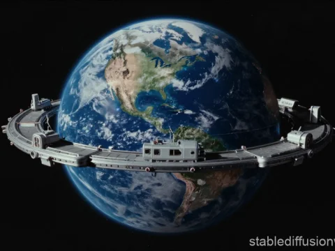 Futuristic Earth Defense Base Orbiting the Planet