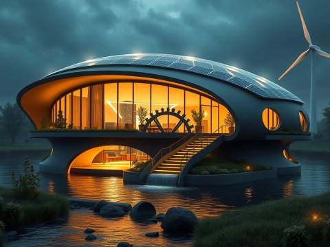 Futuristic Eco-Friendly Home with Solar Panels and Wind Turbine