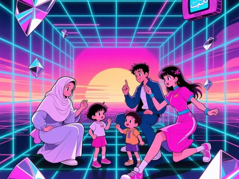 Futuristic Family Moment in Neon Grid World