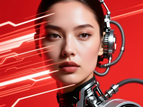 Futuristic Female Cyborg Portrait with Red Digital Effects