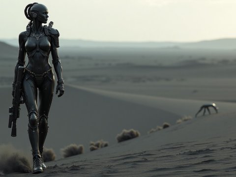 Futuristic Female Cyborg Walking in Desert Landscape