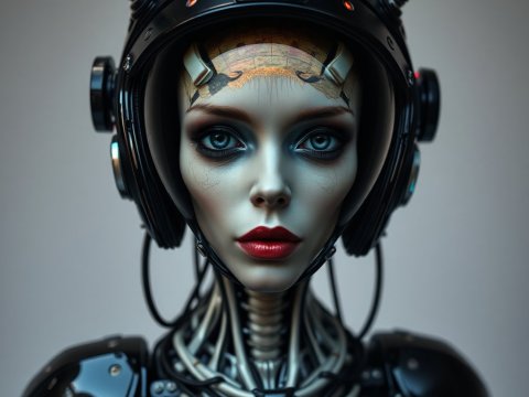 Futuristic Female Cyborg with Intricate Helmet and Mechanical Details