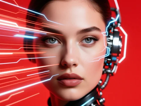 Futuristic Female Cyborg with Neon Light Effects