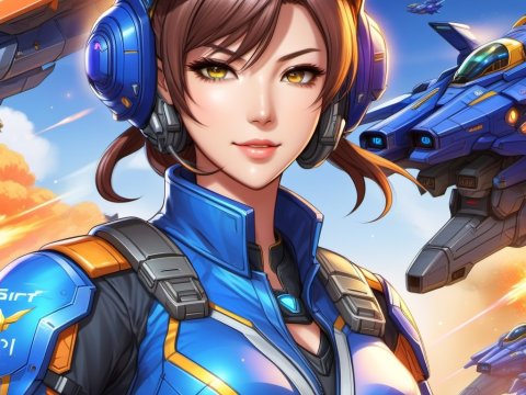 Futuristic Female Pilot in Blue Armor with Sci-Fi Jets