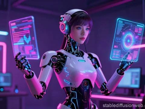 Futuristic Female Robot Assistant with Holographic Interfaces