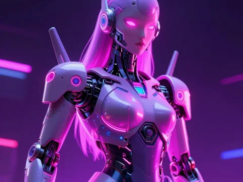 Futuristic Female Robot with Neon Pink Glow