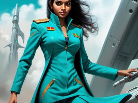 Futuristic Female Space Commander in Teal Uniform