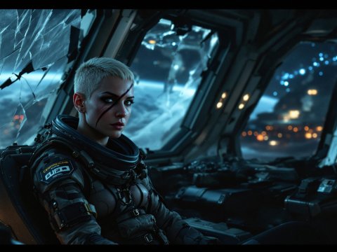 Futuristic Female Space Soldier in Damaged Spaceship