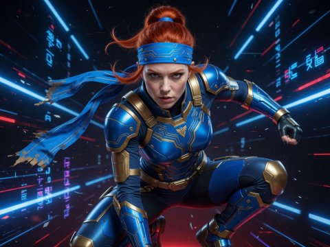 Futuristic Female Warrior in Blue Armor with Digital Background