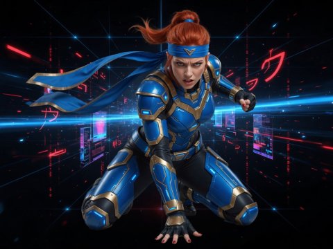 Futuristic Female Warrior in Blue Armor with Digital Interface