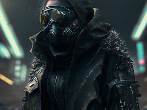 Futuristic Figure in High-Tech Gas Mask and Black Outfit
