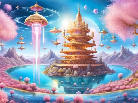 Futuristic Floating City with Cherry Blossom Landscape