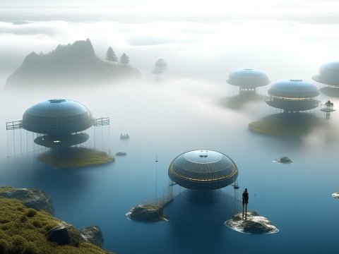 Futuristic Floating Habitats in Misty Waterscape
