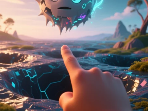 Futuristic Floating Robot Pointed at by Hand in Digital Landscape