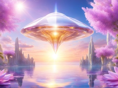 Futuristic Floating Structure Over Serene Lake at Sunset