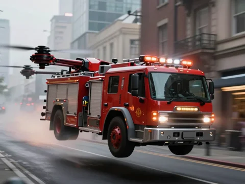 Futuristic Flying Fire Truck in Urban Environment