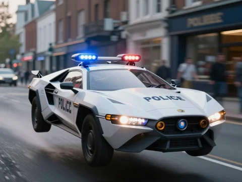 Futuristic Flying Police Car on City Street