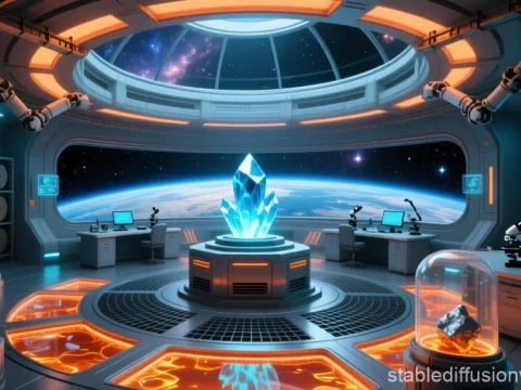Futuristic Gallium Lab with Glowing Crystal in Space Station
