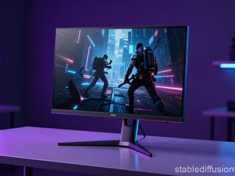 Futuristic Gaming Monitor Displaying Cyberpunk Battle Scene