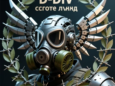 Futuristic Gas Mask with Mechanical Wings and Laurel Wreath