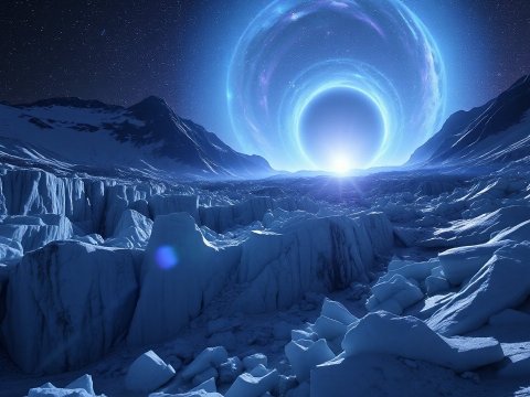 Futuristic Glacier Landscape with Cosmic Portal