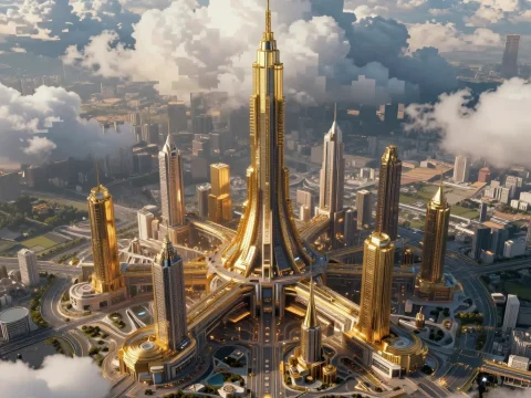 Futuristic Golden Cityscape with Towering Skyscrapers