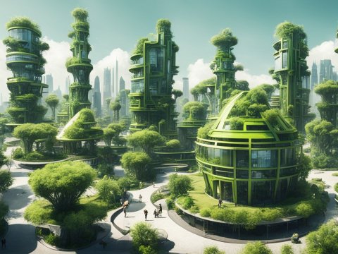 Futuristic Green Urban Architecture with Lush Vegetation