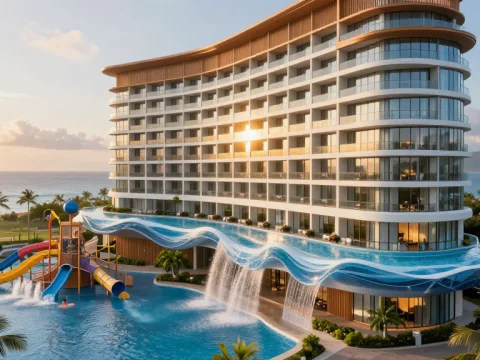 Futuristic Hawaiian Onsen Hotel with Waterfall Pool