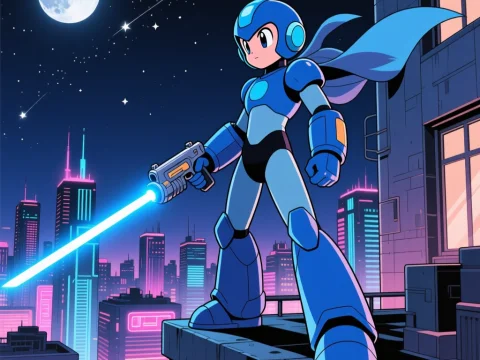 Futuristic Hero with Lightsaber on Neon City Rooftop