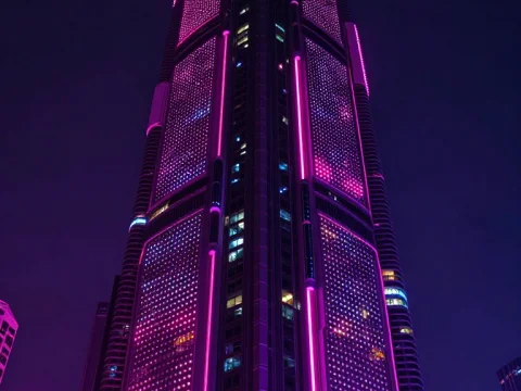 Futuristic High-Tech Skyscraper Illuminated in Neon Pink