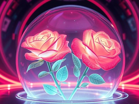 Futuristic Hologram Roses Blooming in Neon Dome