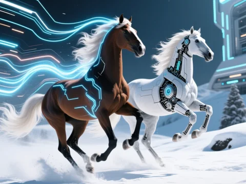 Futuristic Horses Racing Through Snowy Landscape