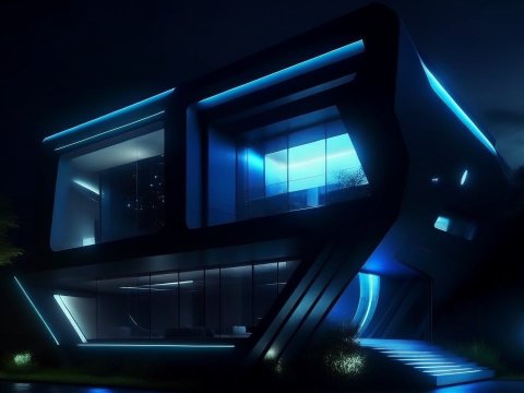 Futuristic House with Neon Blue Lighting at Night